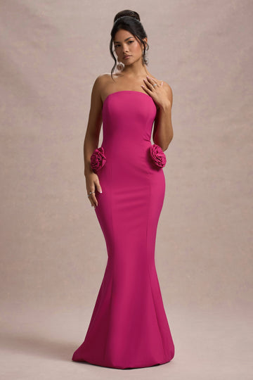 Best Of The Best Dark Pink Strapless Fishtail Maxi Dress With Corsages